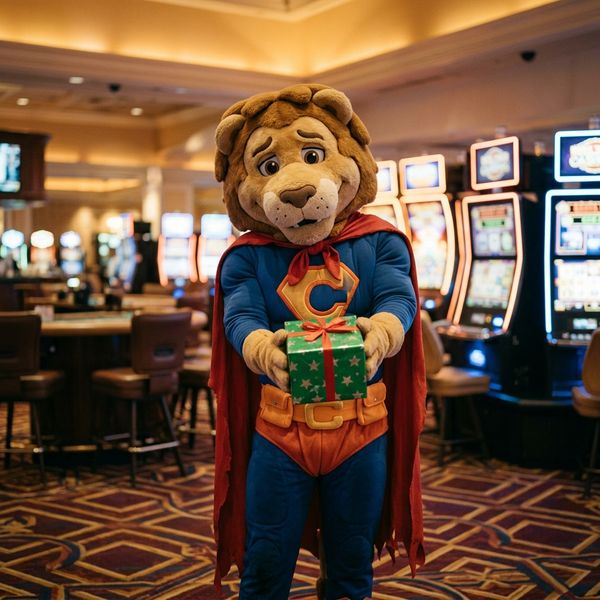 Costumed hero mascot presenting a gift box