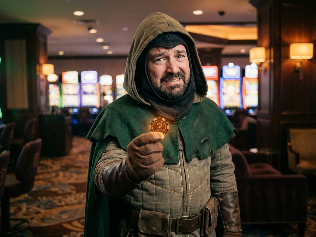 Costumed mascot offering casino chip to camera