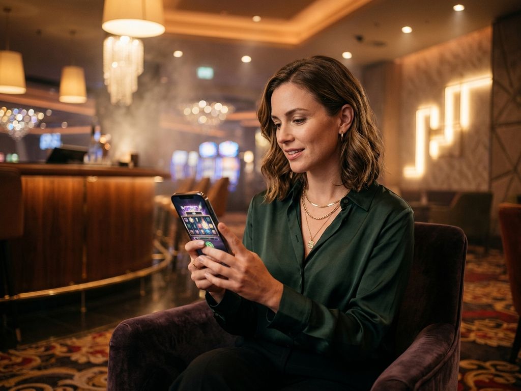 Smartphone displaying casino games on premium lounge backdrop
