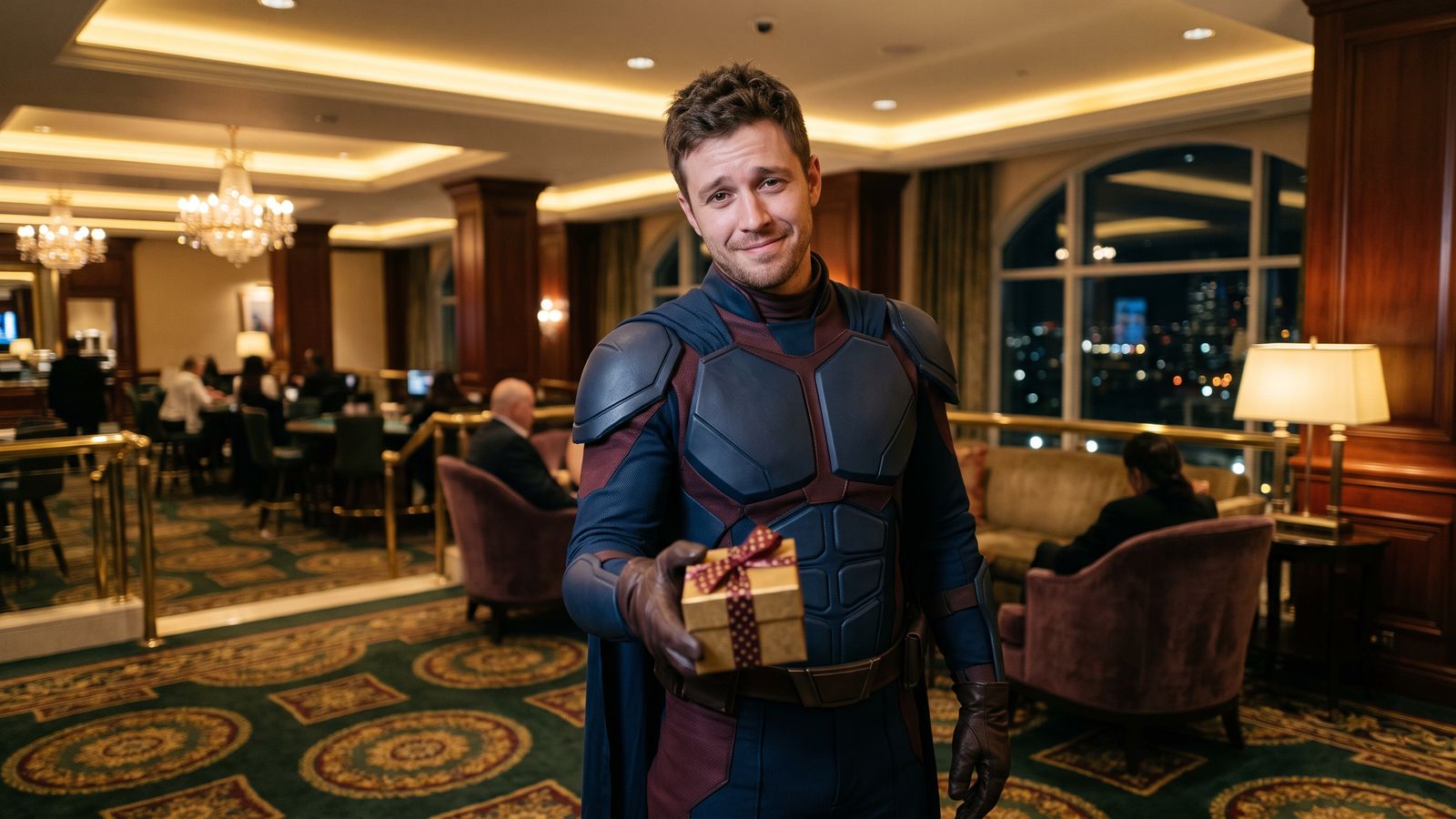 Costumed hero mascot presenting a wrapped gift
